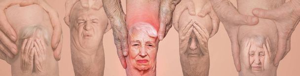 Старші чоловіки тримають коліно з болем. Колаж. Поняття абстрактного болю і відчаю
. - Фото, зображення