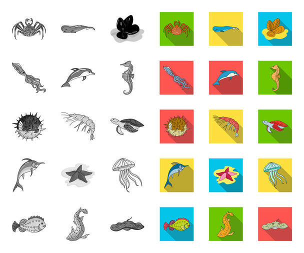 A variety of marine animals mono,flat icons in set collection for design. Fish and shellfish vector symbol stock web illustration. - Διάνυσμα, εικόνα