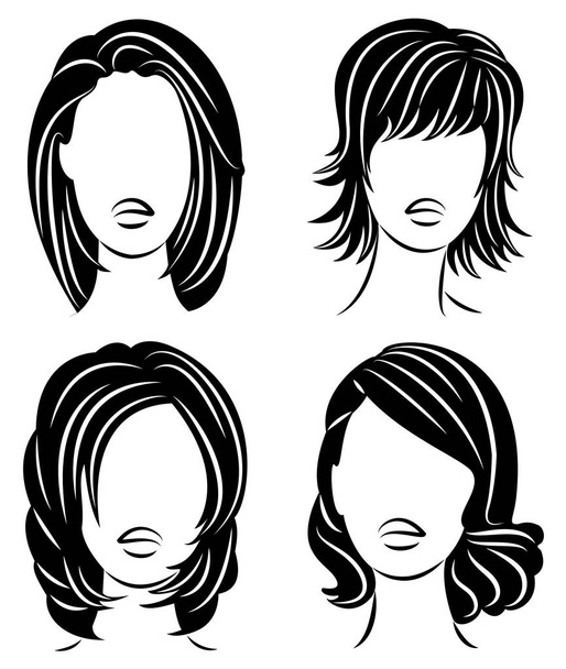 Silhouette of the head of a cute lady. The girl shows her hairstyle for medium and short hair. Suitable for logo, advertising. Vector illustration - Vector, Image