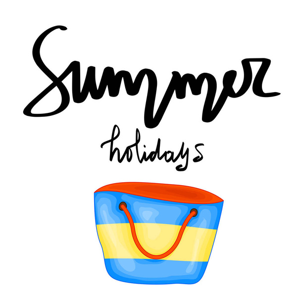 Summer design sticker with summer elements and hand lettering words. Great for t-shirt prints, tote bags and shoppers, fabric, cards, posters and web. - Vector beach bag - ベクター画像