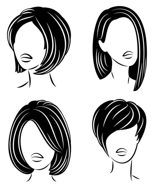 Koleksiyon. Tatlı bir bayanın kafasının silueti. Bir kız uzun, orta ve kısa saçlı bir kadının bir saç modeli gösterir. Logo, reklam için uygundur. Vektör çizimleri kümesi - Vektör, Görsel