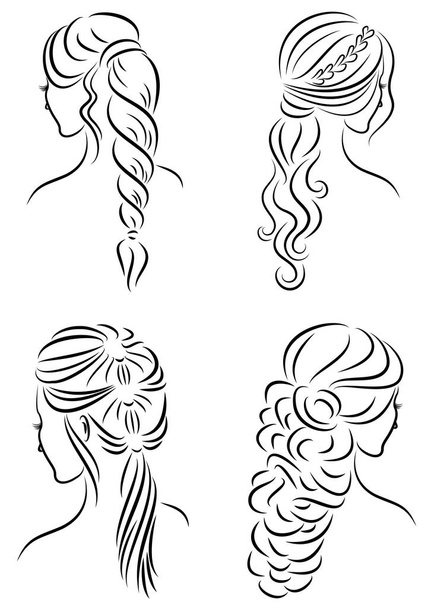 Kolekcji. Sylwetka profil cute Lady s głowy. Dziewczyna pokazuje jej fryzurę dla średnich i długich włosów. Nadaje się do logo, reklama. Zestaw ilustracji wektorowych - Wektor, obraz