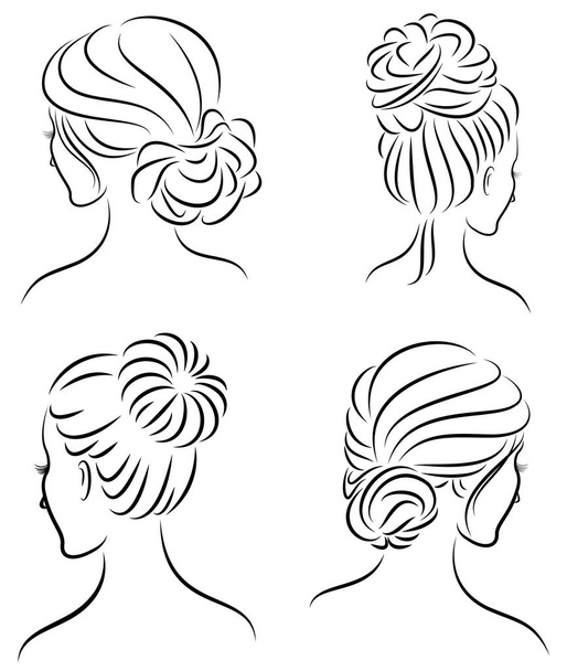 コレクション。かわいい女性の頭のシルエットプロファイル。女の子は中髪と長い髪のための彼女の髪型を示しています。ロゴ、広告に適しています。ベクトルイラストセット - ベクター画像