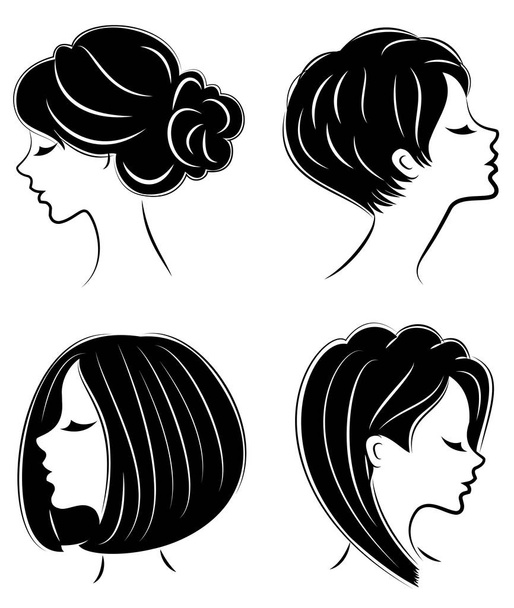 コレクション。かわいい女性の頭のシルエット。女の子は長くて中髪に彼女の髪型を示しています。ロゴ、広告に適しています。ベクトルイラストのセット - ベクター画像