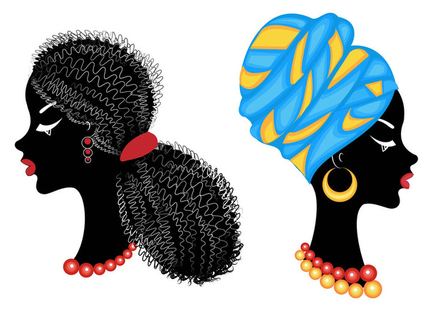 Colección.Perfil de la cabeza de la dulce dama. Chica afroamericana con un hermoso peinado. La señora lleva un turbante, un casco nacional. Conjunto de ilustraciones vectoriales
 - Vector, imagen