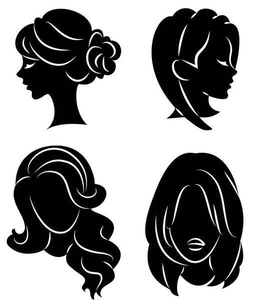 Koleksiyon. Sevimli bir bayanın başının silueti. Kız uzun ve orta saç lar üzerinde saç modelini gösterir. Logo, reklam için uygundur. Vektör çizimleri kümesi - Vektör, Görsel