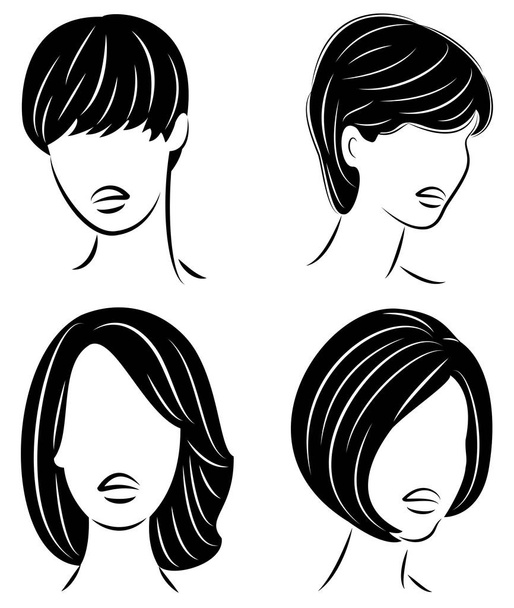 Collection. Silhouette of the head of a cute lady. The girl shows her hairstyle on long and medium hair. Suitable for logo, advertising. Set of vector illustrations - Vector, Image