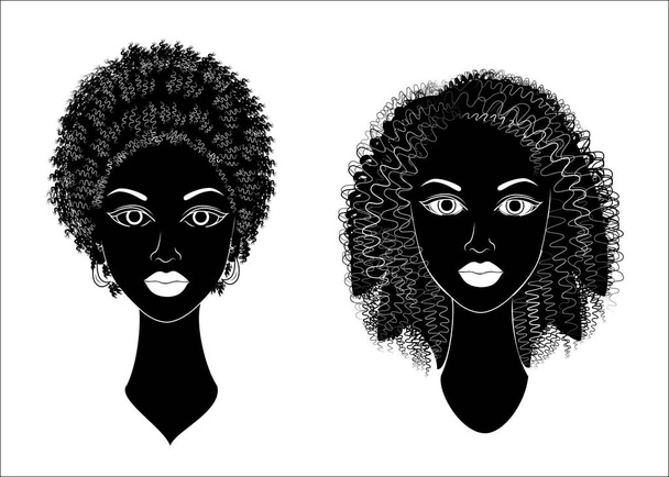 Συλλογή. Το προφίλ ενός κεφαλιού από γλυκές κυρίες. Αφρικάνικα κορίτσια δείχνουν χτενίσματα για μακριά και μεσαία μαλλιά. Οι σιλουέτες των γυναικών είναι όμορφες και κομψές. Σύνολο απεικόνισης διανυσματικών φορέων - Διάνυσμα, εικόνα