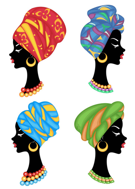 Collection. Profile of a sweet lady. On the head of an African-American girl is a knitted shawl, a turban. The woman is beautiful and stylish. Vector illustration set - Vector, Image