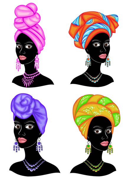 Sammlung. Silhouette eines Kopfes einer süßen Dame. ein heller Schal, ein Turban ist auf den Kopf eines afrikanisch-amerikanischen Mädchens gebunden. die Frau ist schön und stilvoll. Reihe von Vektorillustrationen - Vektor, Bild