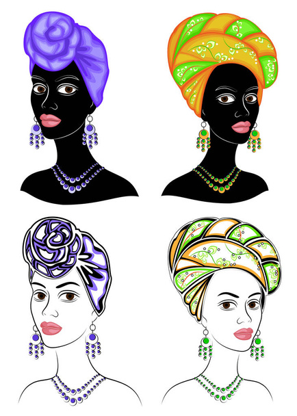 Sammlung. Silhouette eines Kopfes einer süßen Dame. ein heller Schal, ein Turban ist auf den Kopf eines afrikanisch-amerikanischen Mädchens gebunden. die Frau ist schön und stilvoll. Reihe von Vektorillustrationen - Vektor, Bild