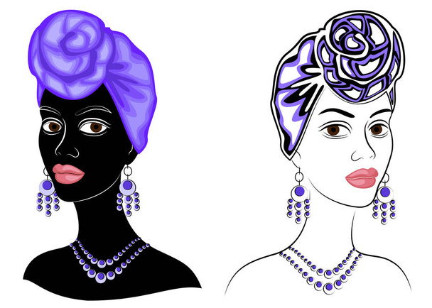 Collection. Head of the sweet lady. On the head of an African-American girl is a bright scarf and turban. The woman is beautiful and stylish. Vector illustration set. - Vector, Image