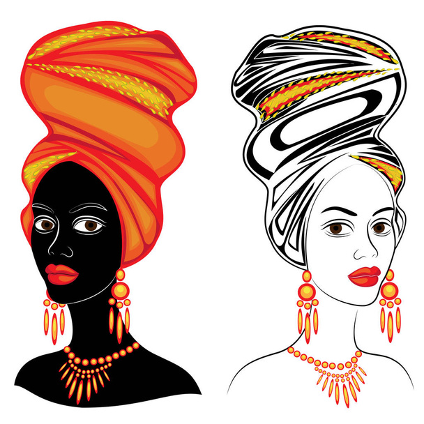 Συλλογή. Το κεφάλι της γλυκιης κυρίας. Στο κεφάλι μιας Αφρο-Αμερικάνικης κοπέλας είναι ένα λαμπερό κασκόλ και τουρμπάνι. Η γυναίκα είναι όμορφη και κομψή. Σύνολο απεικόνισης διανυσματικών φορέων. - Διάνυσμα, εικόνα