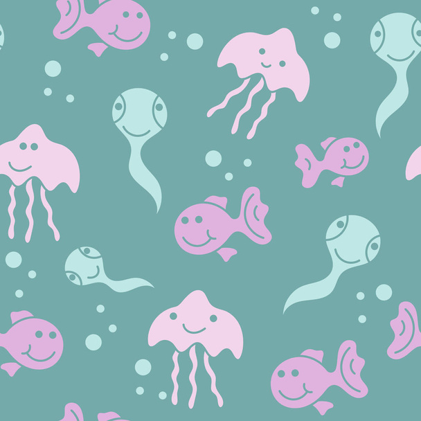 Cute fish and jellyfish and. Kids background. Seamless pattern. - Vector, Image