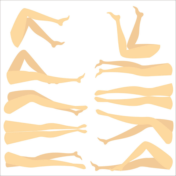 Een kleurrijk beeld met silhouetten van slanke mooie vrouwelijke voeten. Verschillende vormen van benen wanneer het meisje ligt op haar rug en op haar buik. Wanneer hij slaapt en wakker wordt. Vector illustratie - Vector, afbeelding