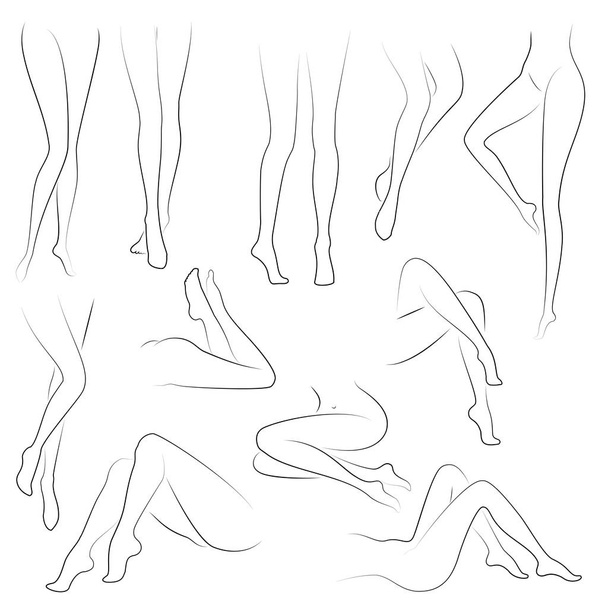 Coleção. Imagem com silhuetas de belos pés femininos delgados. Posturas diferentes de pernas quando uma menina está de pé, sentado, dezhit. Conjunto de ilustrações vetoriais
 - Vetor, Imagem