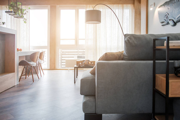 Loft tarzı düz kanepe ile minimalist modern oturma odası. Mutfak ve oturma odası ile Modern çatı, mobilya ile İskandinav tarzında açık alan iç. Gerçek fotoğraf - Fotoğraf, Görsel