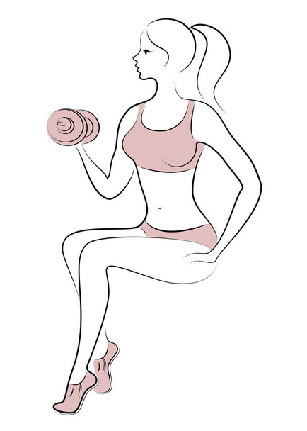 Silhouette of a sweet lady. The girl is engaged in fitness, raises a dumbbell. The woman is young and slender, with a beautiful figure. Vector illustration - Vector, Image