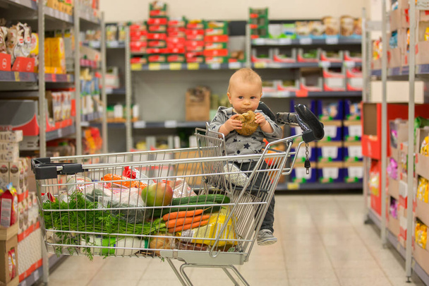 Pikkulapsi poika, istuu ostoskärryssä ruokakaupassa, s
 - Valokuva, kuva