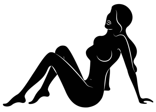 Η σιλουέτα μιας γλυκιης κυρίας, κάθεται. Το κορίτσι έχει μια όμορφη γυμνή φιγούρα. Μια γυναίκα είναι ένα νεαρό σέξι και λεπτό μοντέλο. Απεικόνιση διανυσματικών φορέων - Διάνυσμα, εικόνα