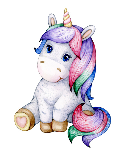  Schattig zittend baby Unicorn cartoon, geïsoleerd op wit. - Foto, afbeelding