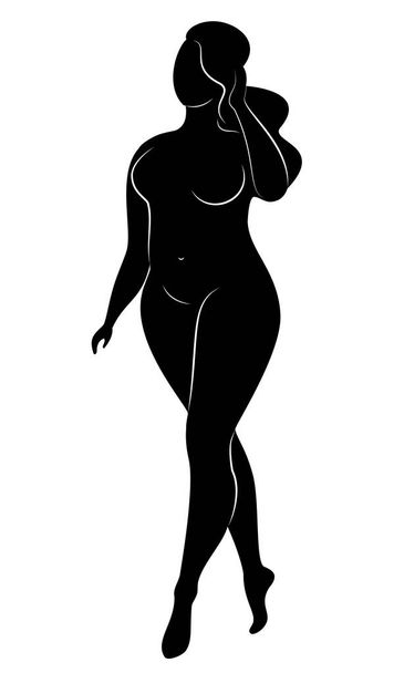 Büyük bir kadın figürünün silueti. Kız ayakta. Kadın kilolu, o güzel ve seksi. Vektör çizimi - Vektör, Görsel