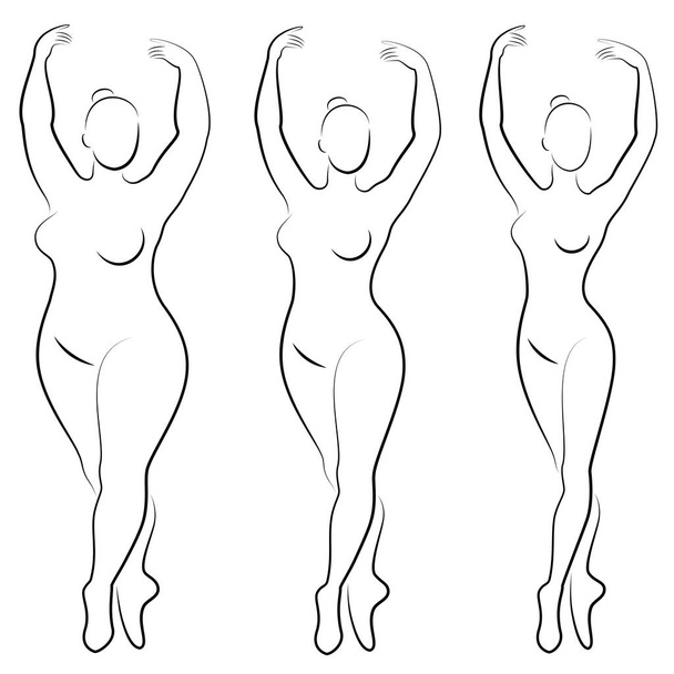 Collection. Silhouette of a cute lady, she is dancing ballet. A woman is overweight. The girl is plump, slim, thin. Woman ballerina, gymnast. Vector illustration set - Vector, Image