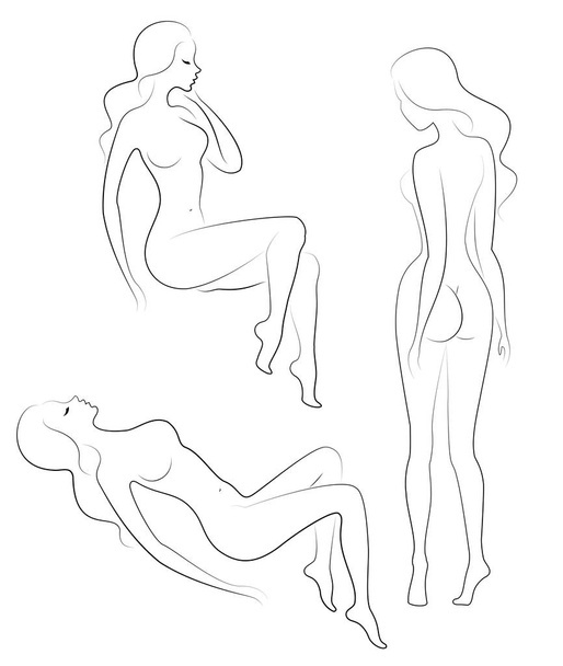 Collection. Silhouette of a sweet lady, she sits and stands. The girl has a beautiful nude figure. A woman is a young sexy and slender model. Set of vector illustrations - Vector, Image