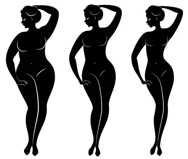 Collection. Silhouette of a beautiful woman figure. The girl is thin, the woman is overweight. The lady is standing, she is slim and sexy. Set of vector illustrations - Vector, afbeelding