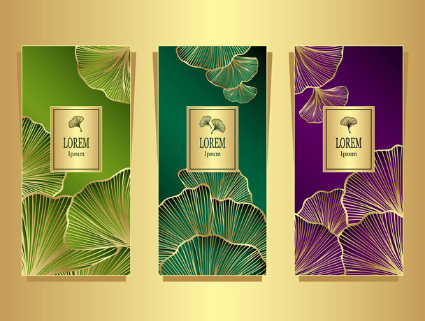 Set-Vorlage für Paket oder Flyer aus luxuriösem Hintergrund mit Blättern in olivem Malachitflieder für Kosmetik oder Parfüm oder für Teepackungen oder Etiketten oder für Markenbücher - Vektor, Bild