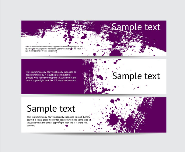 Set of purple vector brush stroke hand painted banners with paint splatters - Vetor, Imagem