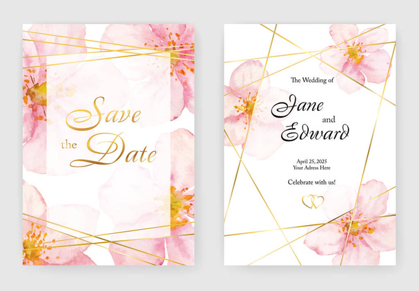 Cartão vetorial floral, convite de casamento com cereja ou sacura flores aquarela e elementos dourados
. - Vetor, Imagem