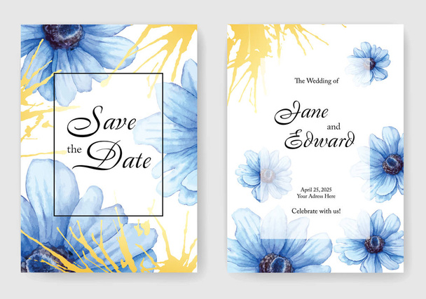 Vintage aquarel vectorkaart, bruiloft uitnodiging met blauwe anemonen bloemen en gouden elementen. - Vector, afbeelding