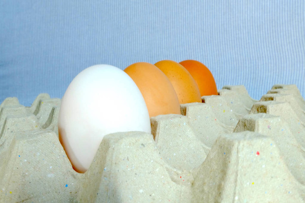 Mix van kip ei en eend ei op papierlade, kip ei a - Foto, afbeelding