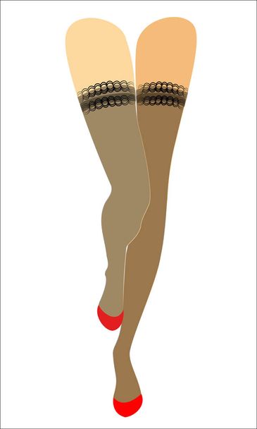 Σιλουέτα από λεπτή όμορφη κυρία πόδια. Το κορίτσι στέκεται. Η γυναίκα είναι ντυμένη σε μοντέρνες κάλτσες και είναι πεταμένες με κόκκινα τακούνια. Απεικόνιση διανυσματικών φορέων - Διάνυσμα, εικόνα