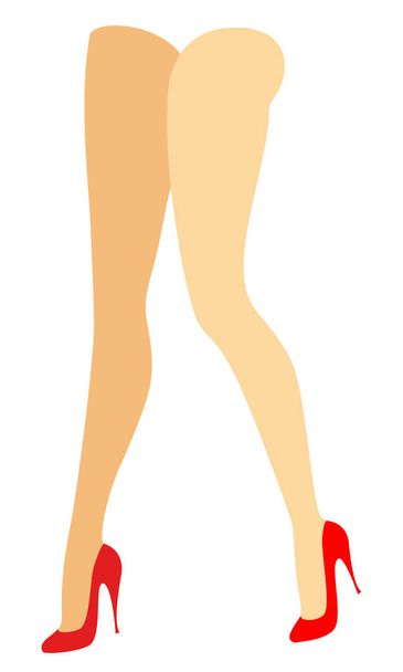 Silhouette figure of a lady in a bikini. Slender legs of a young girl in red shoes. The woman is coming. Feet well-groomed, beautiful silky skin. Vector illustration - Vector, Image
