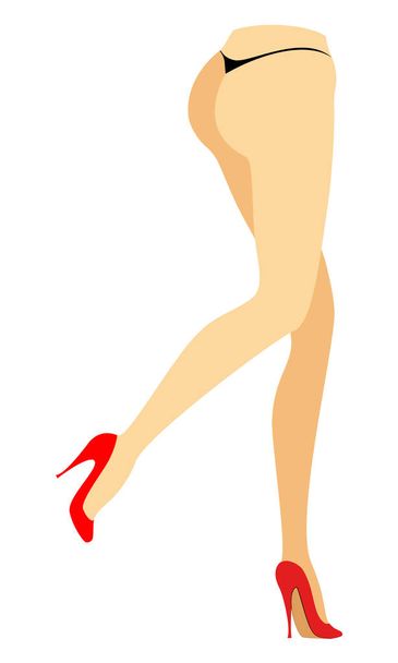 Σιλουέτα μιας κυρίας με μπικίνι. Λεπτή πόδια ενός νεαρού κοριτσιού με κόκκινα παπούτσια. Η γυναίκα τρέχει. Πόδια καλά καλλωπισμένο, όμορφο μεταξένια δέρμα. Απεικόνιση διανυσματικών φορέων - Διάνυσμα, εικόνα