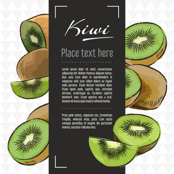 Entwurfsvorlagen für Kiwi-Vektormenüs. Vektorfrucht-Illustration mit handgezeichneten Doodles für Grußkarte, Banner - Vektor, Bild