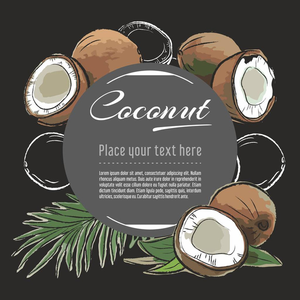 ručně vykreslené zdravé pokrmy z kokosového vektorového obrázku. Návrh matice s prvky náčrtku pro nápis, blahopřání - Vektor, obrázek