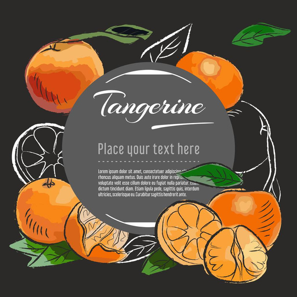 mandalina vektör el çizilmiş sağlıklı gıda illüstrasyon. Afiş, tebrik kartı için çizim elemanları ile meyve tasarımı - Vektör, Görsel