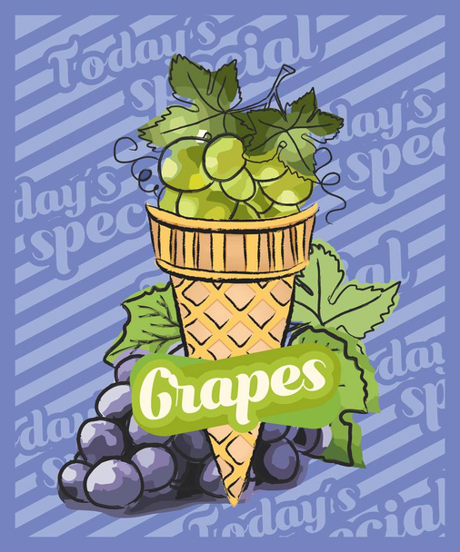 Gelato d'uva scoop in cono. Illustrazione schizzo vettoriale. Idea gelato alla frutta, concetto
 - Vettoriali, immagini