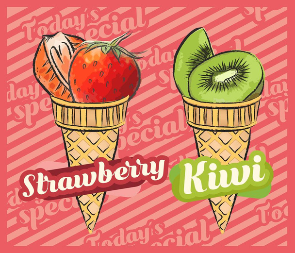 Strawberry ice cream. Kiwi ice cream. Vector illustration of fruit ice cream cone, Hand-drawn design - Vector, Image