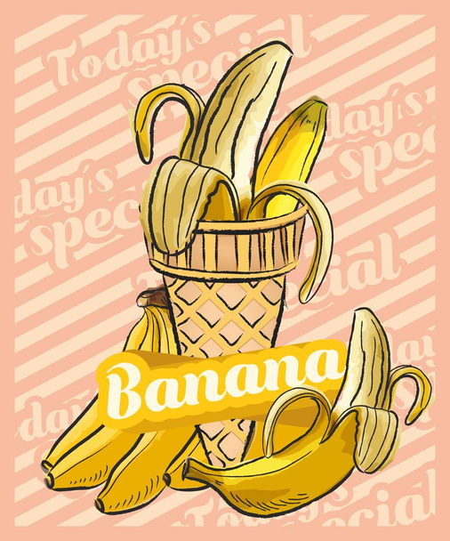 コーンでバナナアイスクリームスクープ。ベクトル スケッチイラストレーション。フルーツアイスクリームのアイデア、コンセプト - ベクター画像