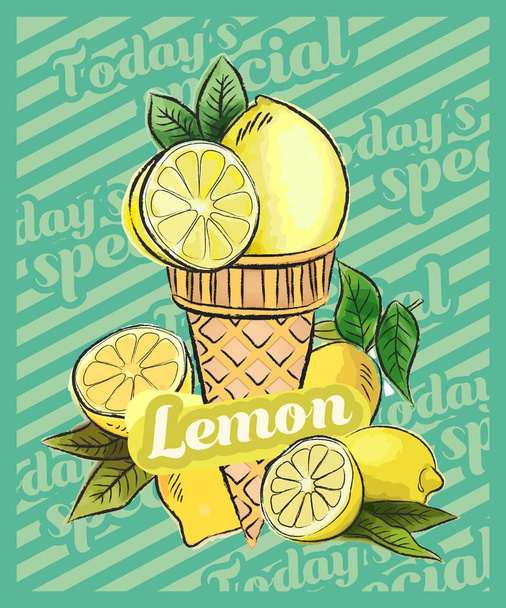 Lemon ice cream scoop in cone. Vector sketch illustration. Fruit ice cream idea, concept - Vector, Image
