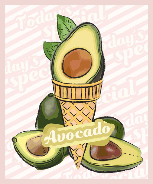 Avocado-Eis in Tüte. Vektorskizze Illustration. Fruchteis Idee, Konzept - Vektor, Bild