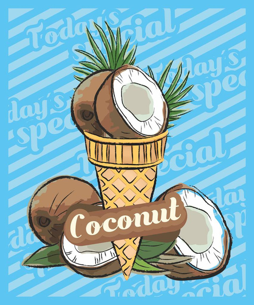 Coconut ice cream scoop in cone. Vector sketch illustration. Nut ice cream idea, concept - Vector, Image