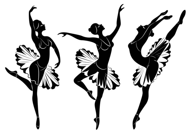 Koleksiyon. Sevimli bir bayan siluet, o bale dans ediyor. Kızın çok güzel bir figürü var. Kadın balerin. Vektör illüstrasyon seti - Vektör, Görsel
