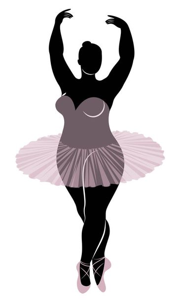 Silhouette einer niedlichen Dame, sie tanzt Ballett. die Frau hat einen übergewichtigen Körper. Mädchen ist mollig. Ballerina, Turnerin. Vektorillustration - Vektor, Bild