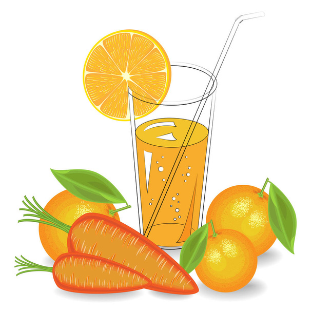Finom, egészséges és gyógyhatású ital. Egy pohár természetes zöldséglé érett sárgarépa és gyümölcsök narancs, mandarin. Vektoros illusztráció. - Vektor, kép