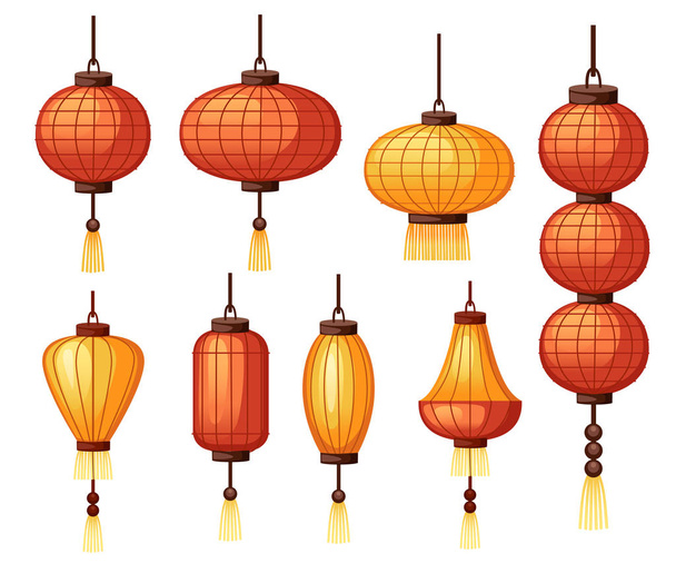 Набор китайских фонарей различной формы - круглой, цилиндрической формы. Плоский векторный рисунок изолирован на белом фоне. Красный и оранжевый классический азиатский фонарь. Китайский Новый год
 - Вектор,изображение